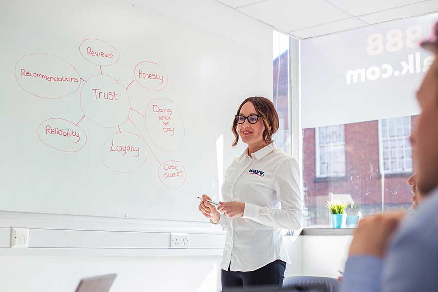 female wayv talk employee writing on whiteboard in meeting