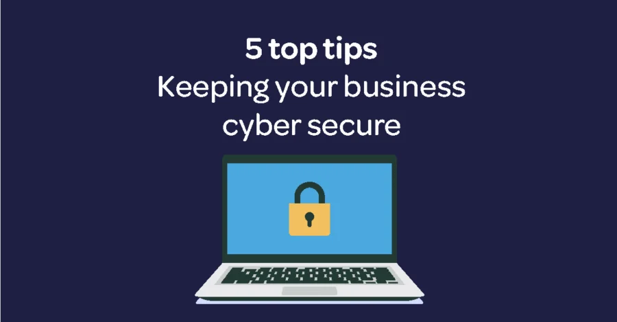 Laptop with a lock on the screen demonstrating cyber security for blog header
