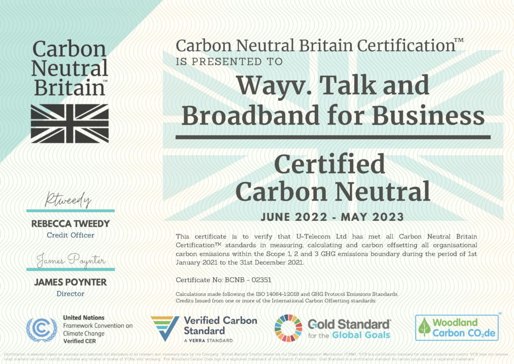 Carbon Neutral Certification for Wayv Talk and Broadband for Business with Carbon Neutral Britain